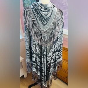 Maya Matazaro Chic SILK /Velvet Burnout Piano Shawl with Fringe - Black and Gray